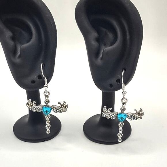925 Silver Hooked Earrings w/ Cross Angel Wings Lab Topaz Pendants Gift Set NEW! - Picture 1 of 6